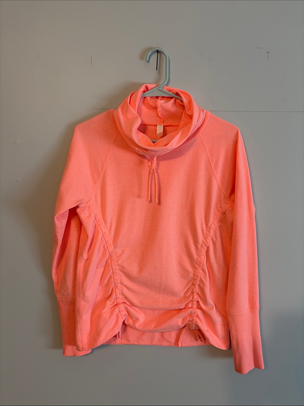 Lucy Neon Coral gold over Cowl Neck Pullover Hoodie. Med.